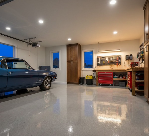 Clean garage with polished floor and tools